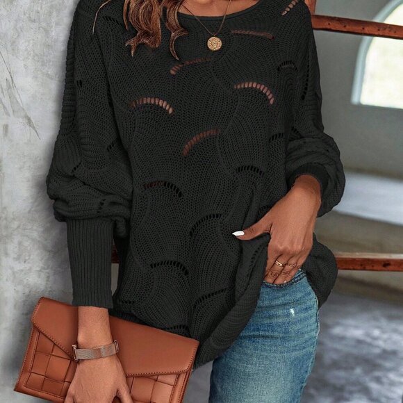 Black Women's Casual Hollow Out Batwing Sleeve Sweater - Picture 5 of 7